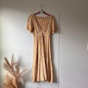 Free People Midi Dress – LIKE NEW Yellow & Red Fall Leaves, Flowy, Size XS